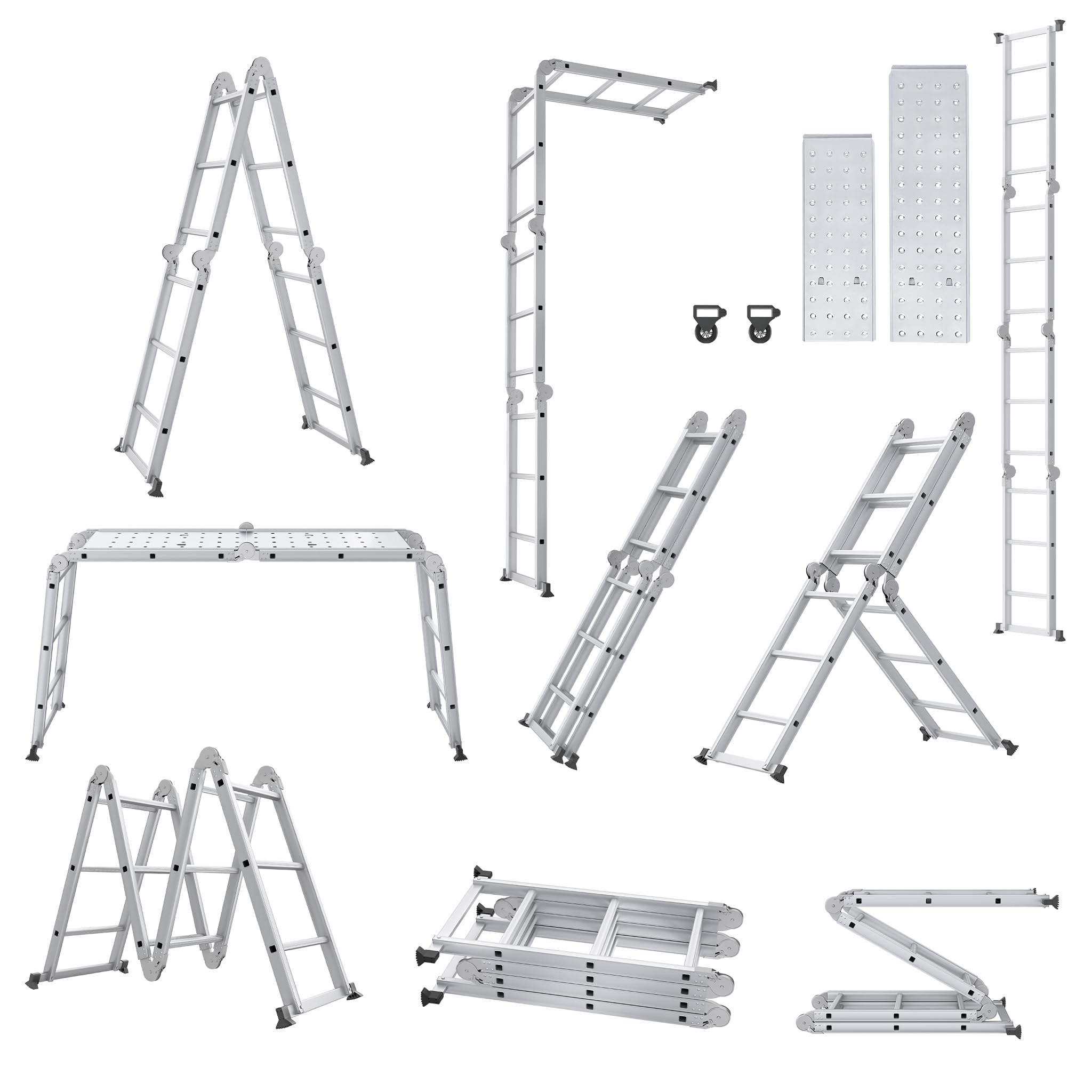 XMTECH 340cm Leiter Mehrzweckleiter Klappleiter Gelenkleiter mit Plattform Aluleiter Multifunktionsleiter Kombileiter 6 in 1 Anlegeleiter Stehleiter aus Aluminium - 4x3 Stufen, Silber