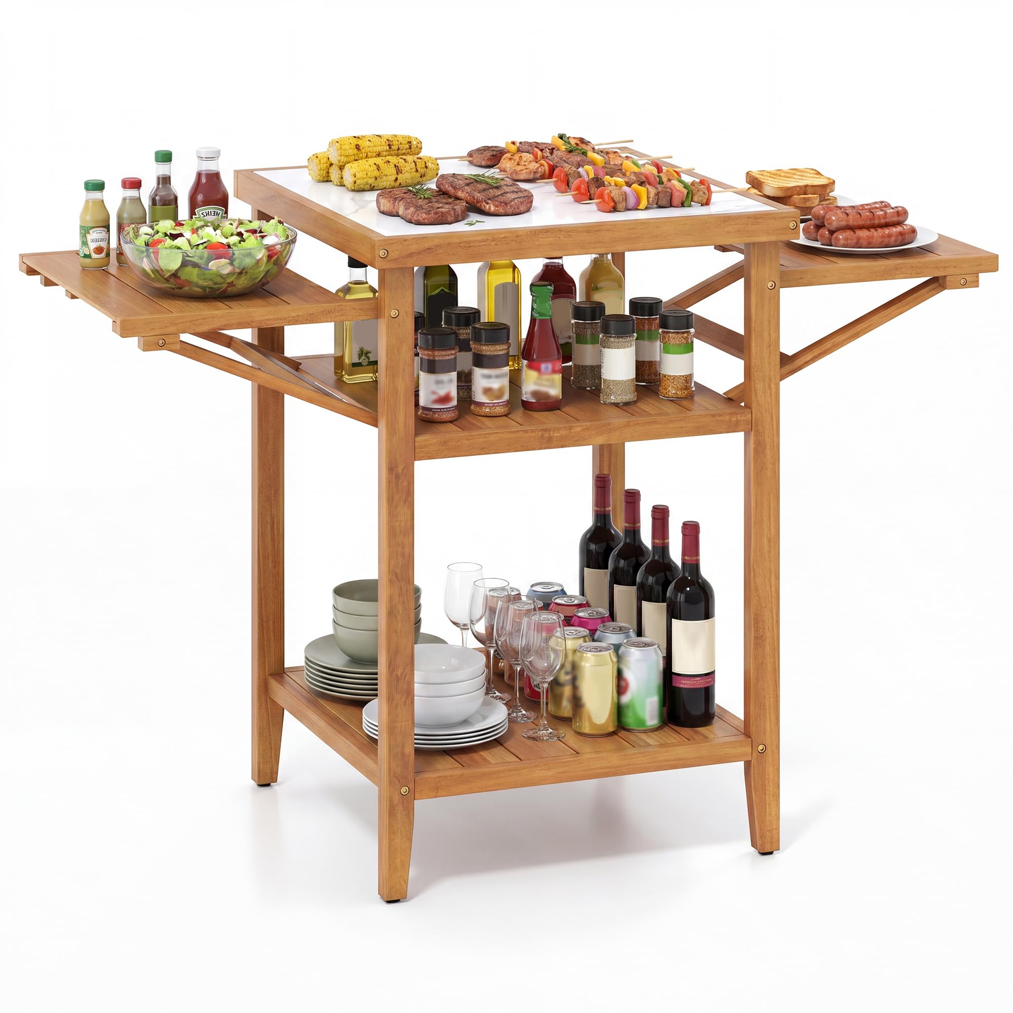 GOPLUS Table de Barbecue Extérieure en Bois d'Acacia, Desserte Plancha avec Dessus en Résine Faux Marbre, 2 Plateaux Rabattables, 2 Étagères Ouvertes, pour Jardin, Terrasse, 124,5 x 60 x 89,5 cm