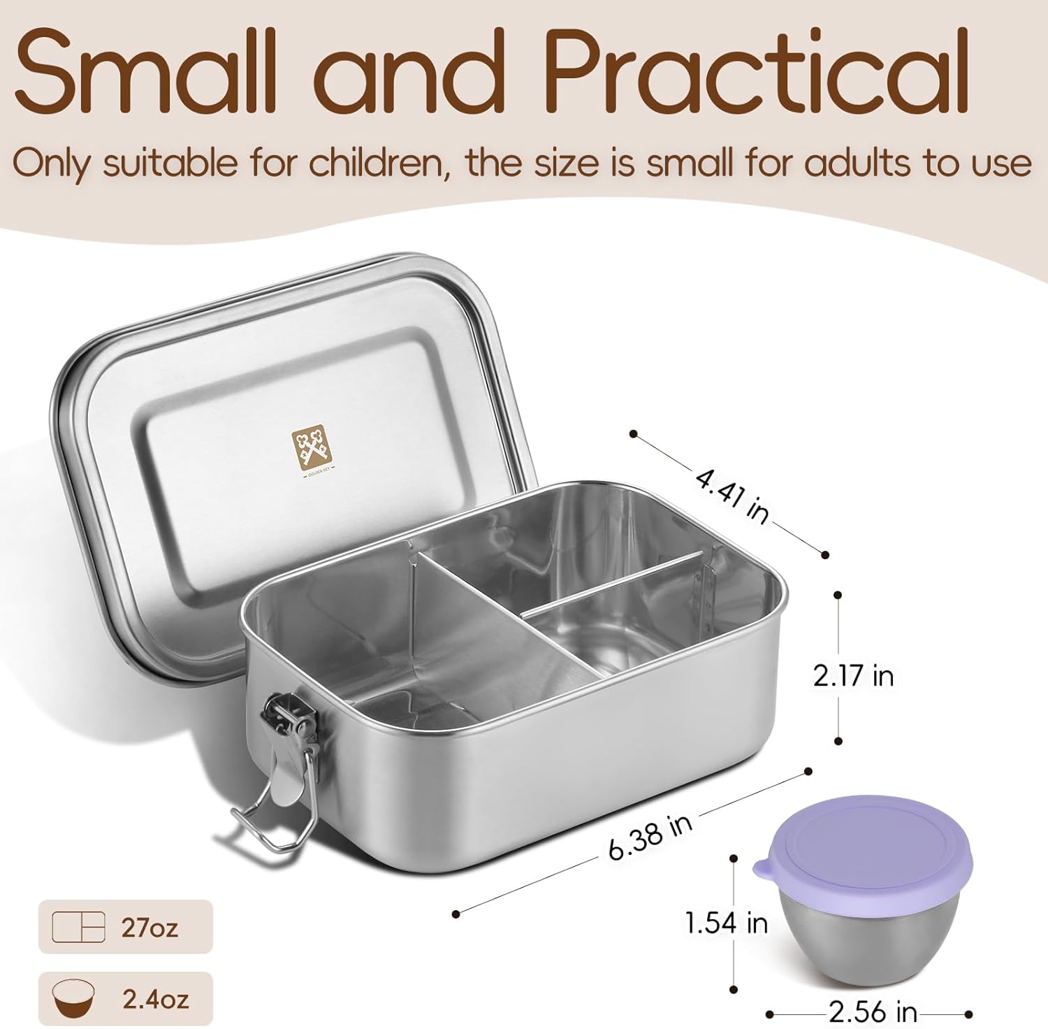 GOLDEN KEY Leakproof Bento Box - 27oz Stainless Steel Lunch Container for Kids,3-Compartment School Lunch Box, Dishwasher Safe, BPA-Free with Condiment Cup