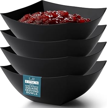 Posh Setting - Black Plastic Serving Bowls for Party 8oz - 4 Pack Square Bowls, Disposable Chip Bowls, Candy Bowls for Party Table, Salad & Fruit Bowls for Party, Candy Containers for Candy Buffet