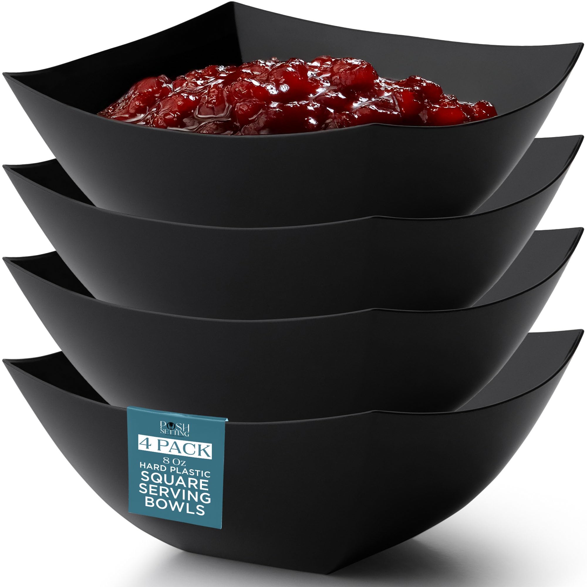 Posh Setting - Black Plastic Serving Bowls for Party (8oz - 4 Pack) Square Bowls, Disposable Chip Bowls, Candy Bowls for Party Table, Salad & Fruit Bowls for Party, Candy Containers for Candy Buffet