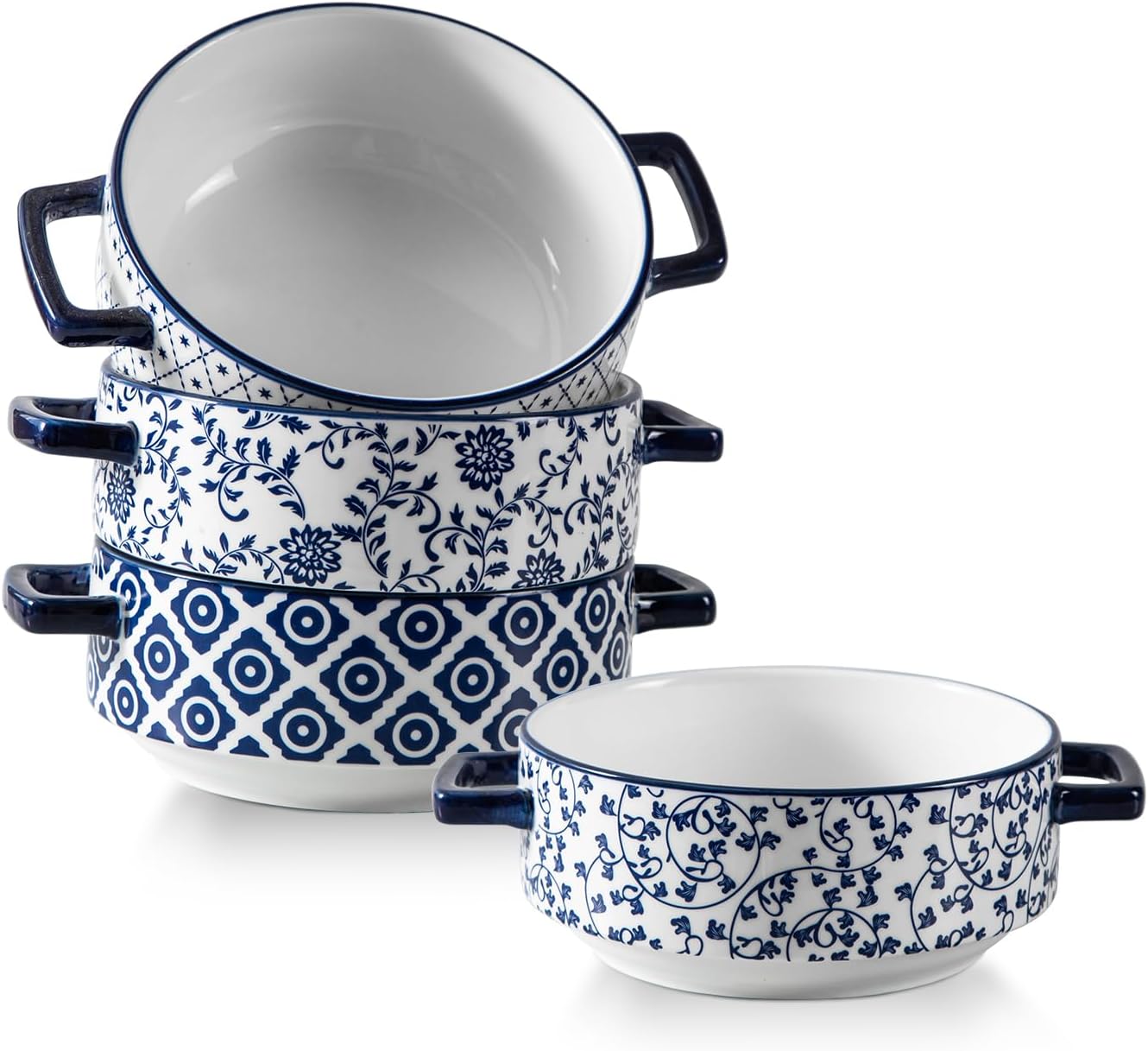 French Onion Soup Bowls with Handles - 24oz Ceramic Soup Crocks Serving Bowls for Pasta Cereal Beef Stew Pot Pies Casserole - Oven Microwave Dishwasher Safe - Set of 4, Blue