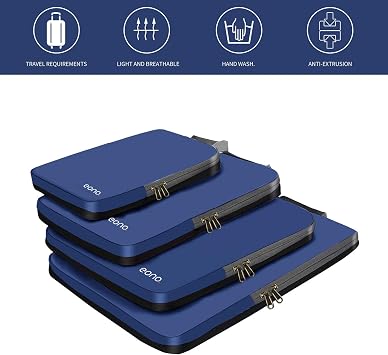 Eono Compression Packing Cubes, Luggage Organiser Set, Extensible Suitcase Organiser, Packing Organisers for Suitcases, Packing Cubes for Travel or Home Storage - Navy, 4 Set