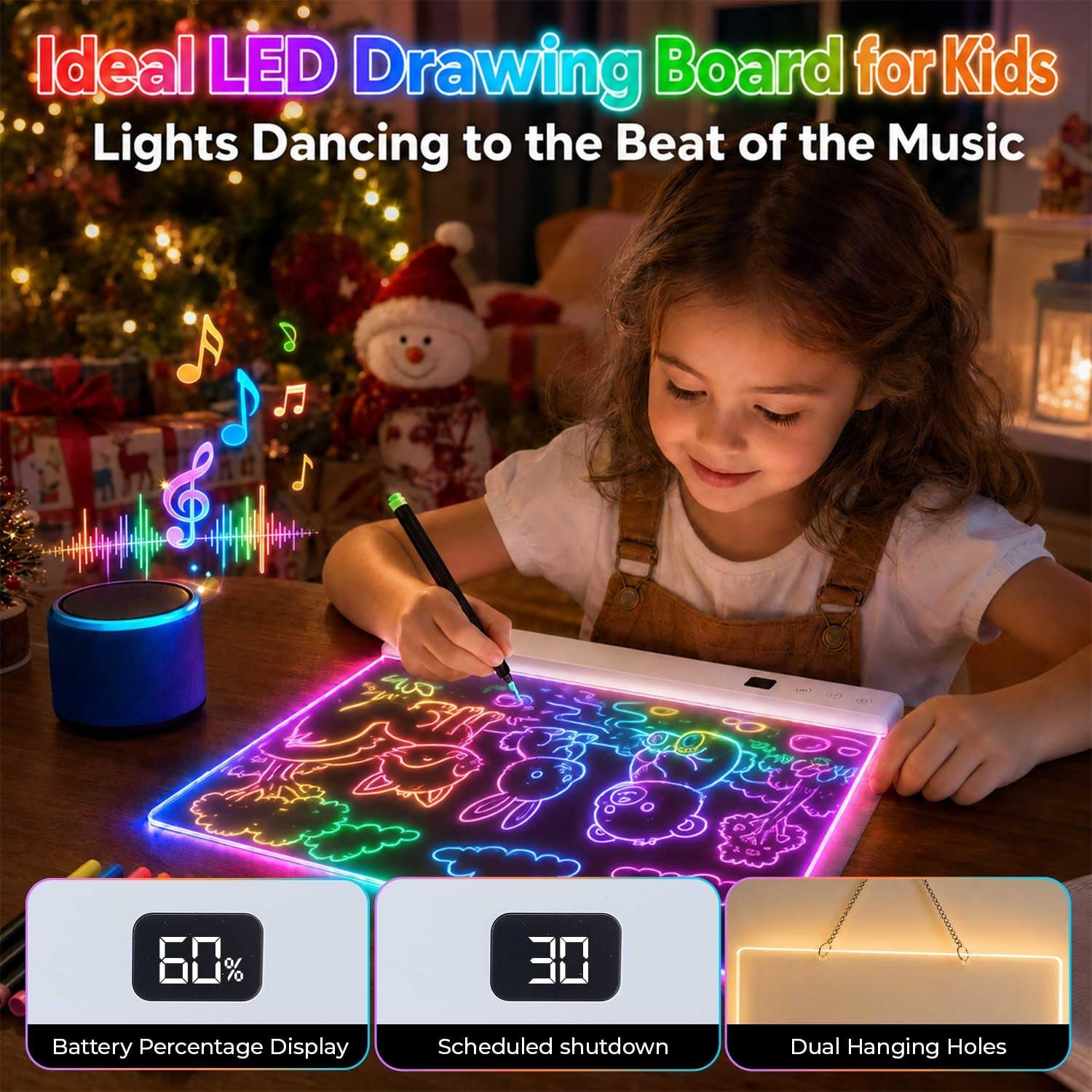 Zocelight 16" Rechargeable LED Drawing Board for Kids Various Holiday Gifts | 12 Markers,Music Sync,7 Colors 7 Dynamic Modes,Pencil Case,Glow Light Up Note Board Toys for Girls Ages 3 4 5 6-12 Years Old