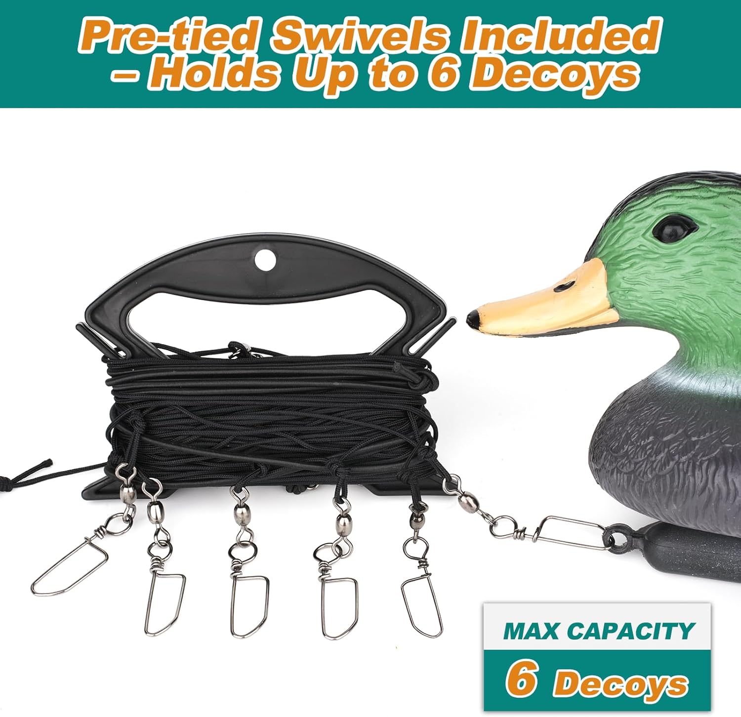Duck Decoy Jerk Rig – 118ft Nylon Line, Pre-Tied Swivels for 6 Decoys, 1.5lb Anchor with Bungee Cord, Stainless Steel Eye Bolts, Water-Resistant Bag for Duck Hunting Motion Setup