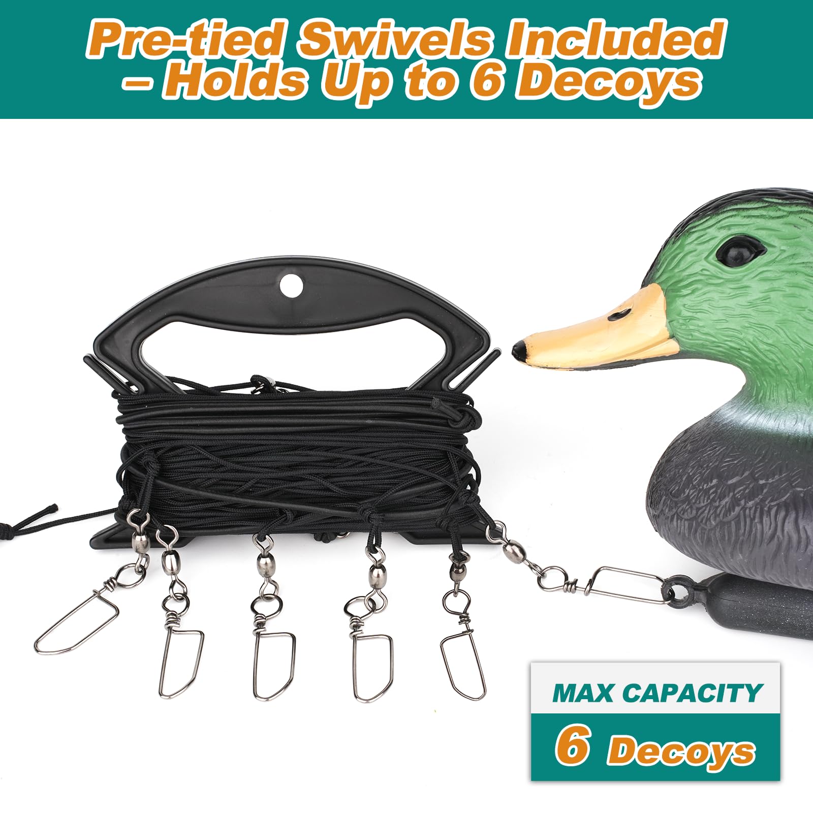 Duck Decoy Jerk Rig – 118ft Nylon Line, Pre-Tied Swivels For 6 Decoys, 1.5lb Anchor With Bungee Cord, Stainless Steel Eye Bolts, Water-Resistant Bag For Duck Hunting Motion Setup$$Other