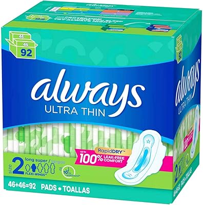 Always Ultra Thin Pads Size 2 Super Long Absorbency Unscented with Wings (92 ct)