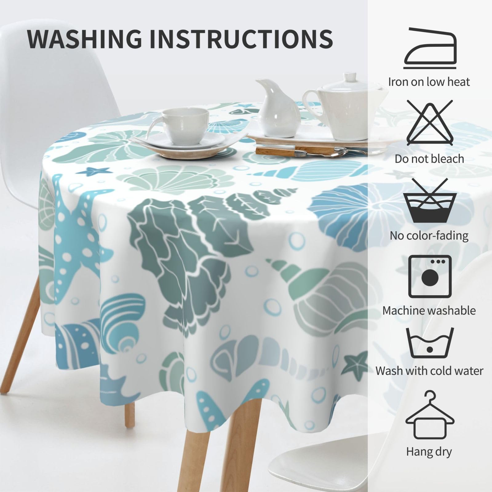 WHJWXC Tovaglia rotonda con motivo oceano, mare, spiaggia, conchiglie, stelle marine, blu, tessuto in poliestere impermeabile per cucina, sala da pranzo, tavolini da caffè, ideale per matrimoni e
