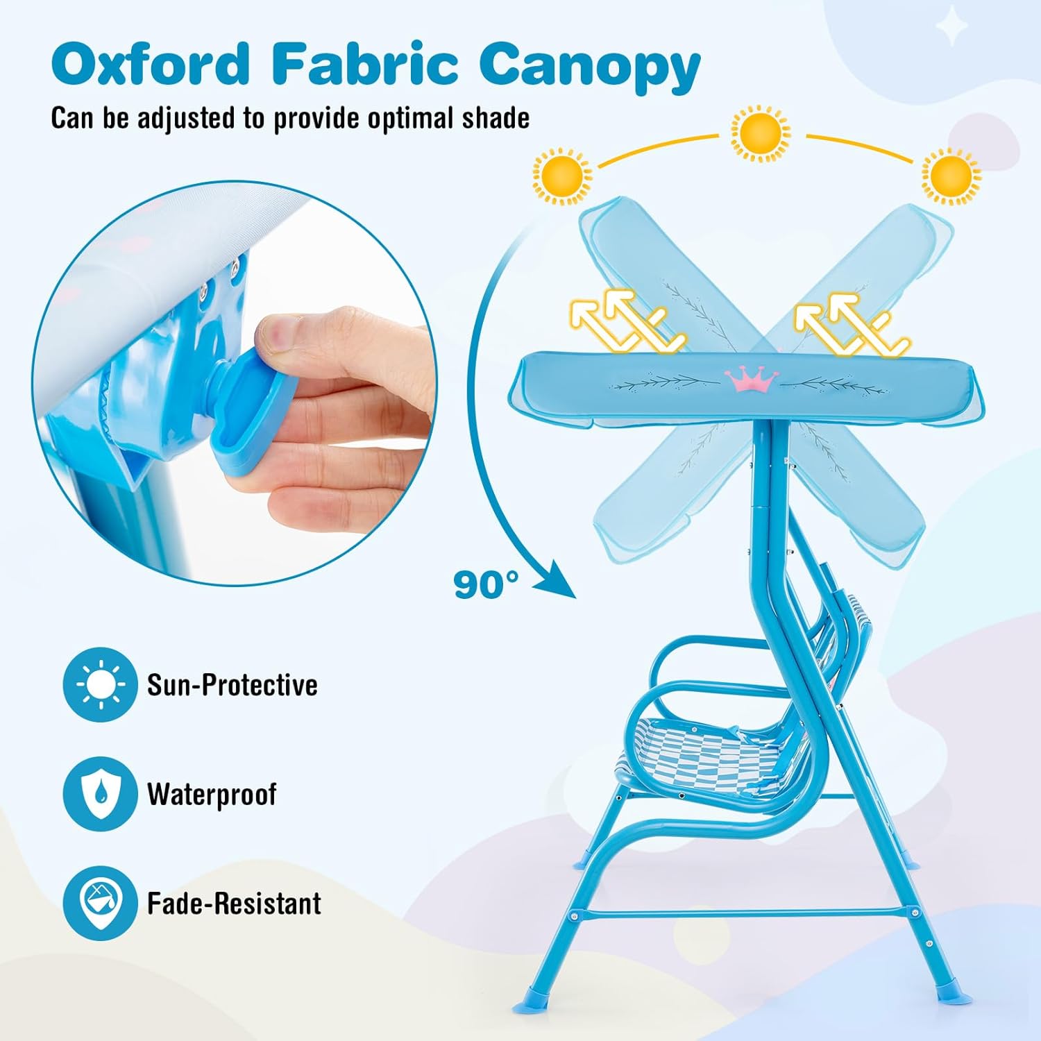 HONEY JOY Kids Patio Swing, 2-Seater Outdoor Porch Swing Lounge Chair, Adjustable Canopy & Safety Belt, All Weather Resistant Waterproof Hanging Swing Bench for Garden Poolside Balcony(Blue Flamingo)