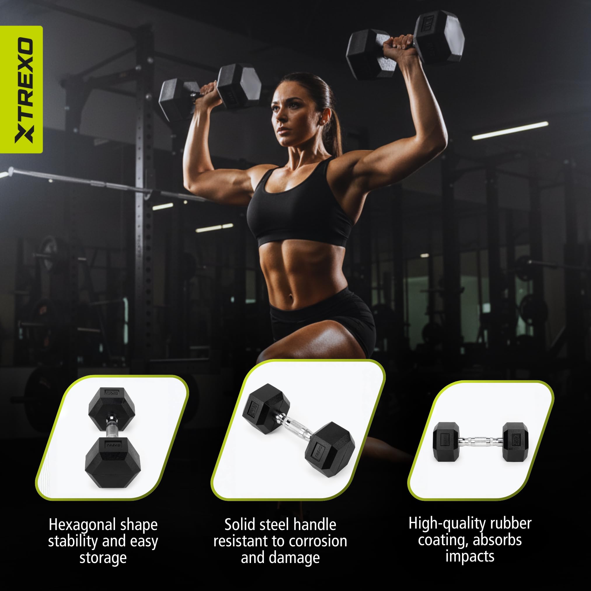 XTREXO Hexagon Hanteln 2,5 kg – 35 kg, Ergonomischer Verchromter Griff, Gummierte Gusseisen Kurzhantel, Fitnessgerät für Zuhause, Geeignet für Männer und Frauen