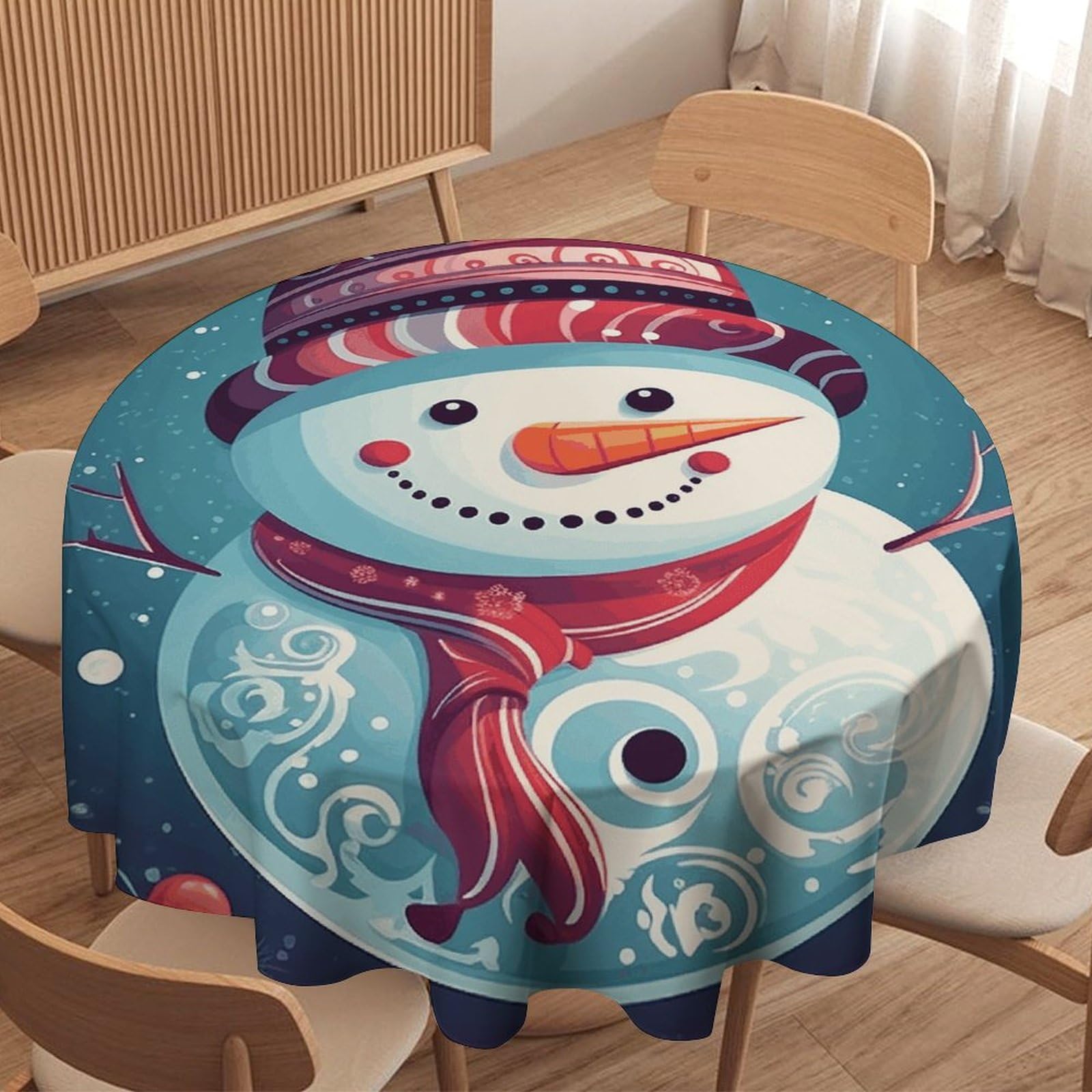Nappe ronde bonhomme de neige lavable pour table de cuisine et salle à manger festive