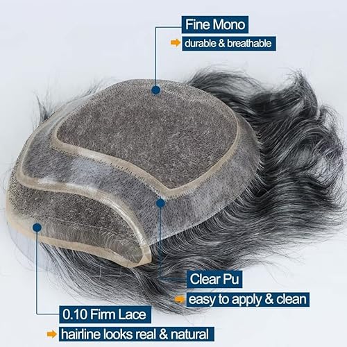 Miniatura 3 de HAPPY&CC Sistema de reemplazo de cabello para hombres, mono fino con poli PU para hombre, pelucas de pelo humano 50% 1B OFF negro con 50% sintético