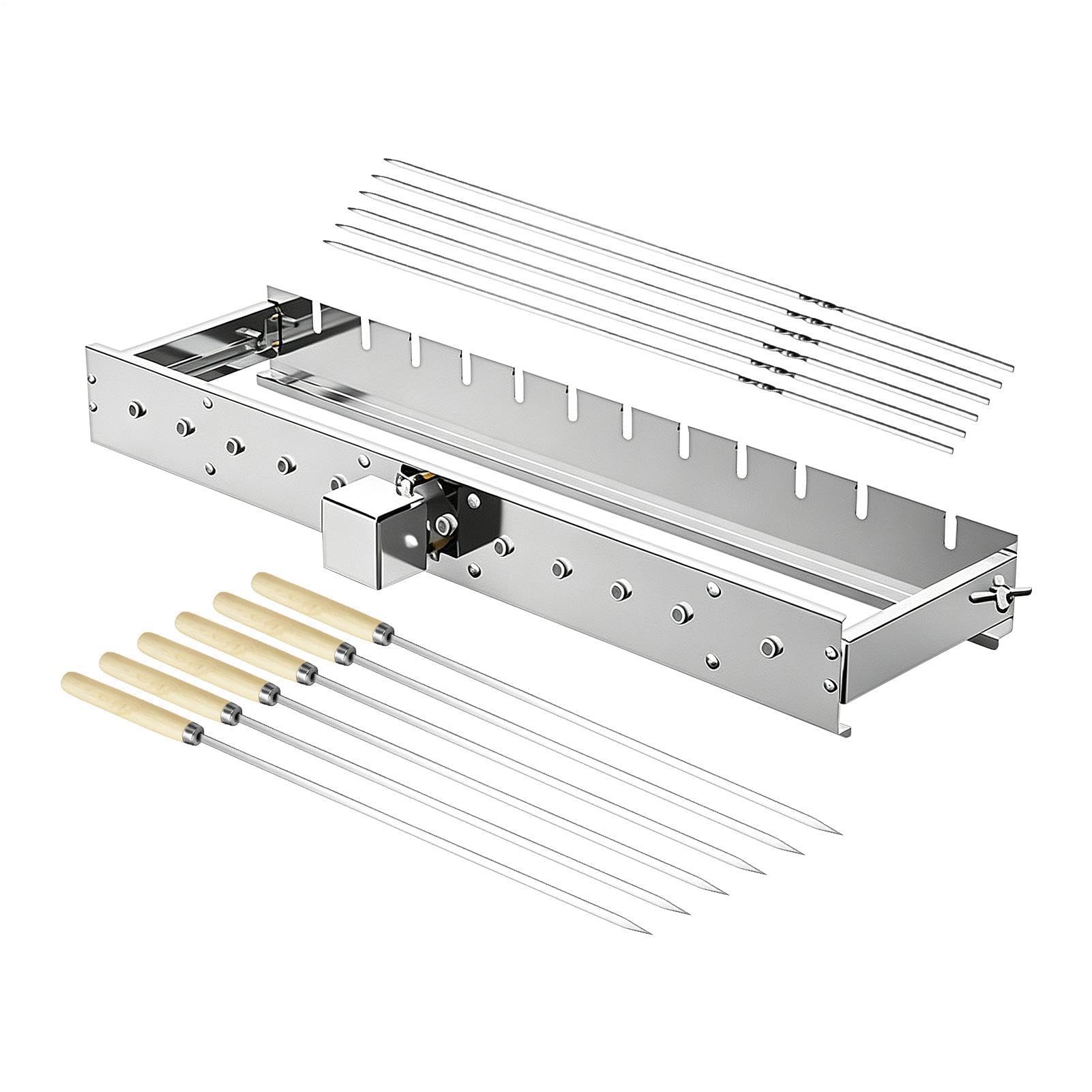 Pincho Giratorio Volteador de Barbacoa con Ancho Ajustable y Brochetas | Parrilla Giratoria Automática Para Cocinar al Aire Libre Camping Barbacoa Jardín Vacacionales Reuniones Familiares
