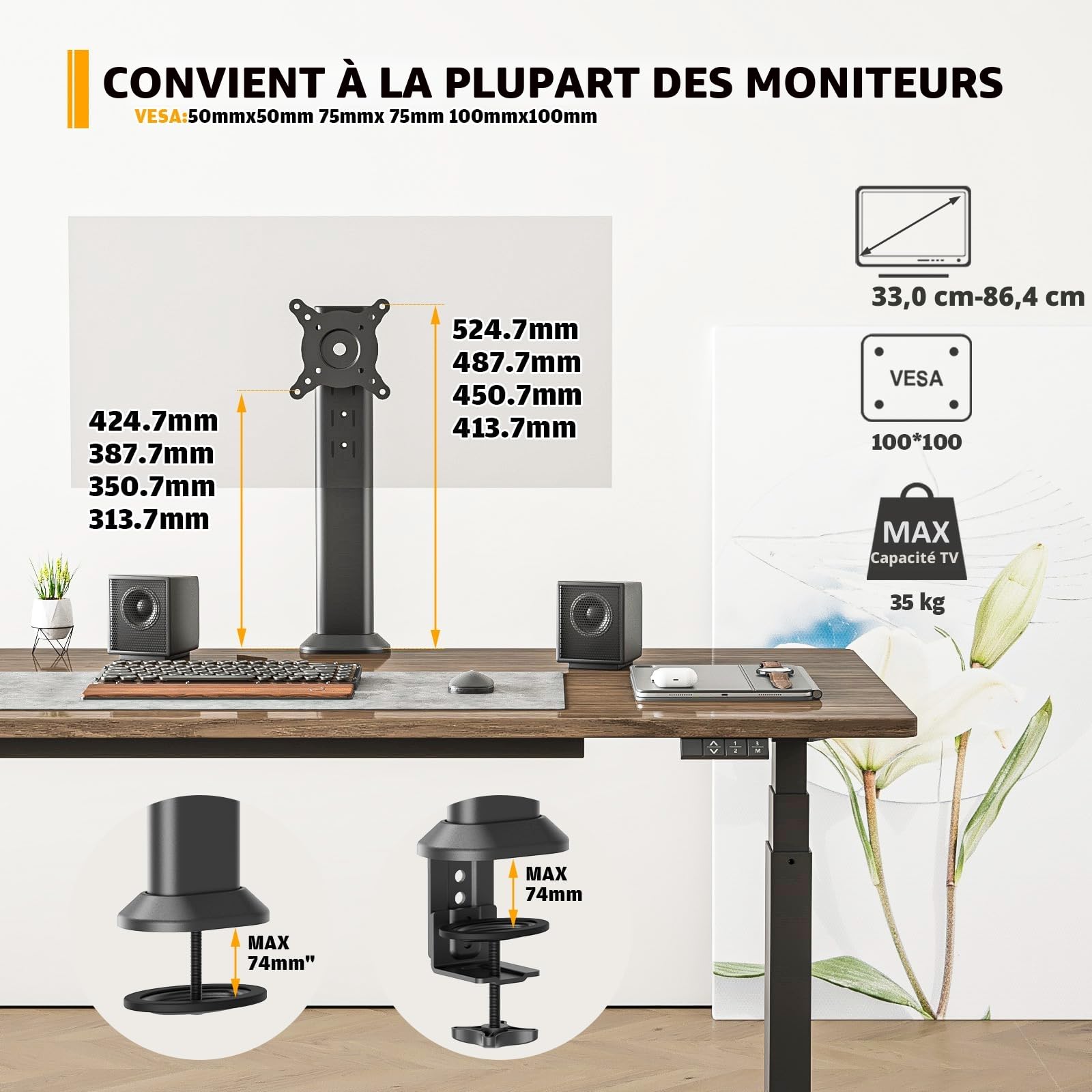HEMUDU Bras de Support pour écran d'ordinateur Plat incurvé de 33 cm à 81,3 cm avec Pivot, Hauteur réglable, Rotation, Peut Supporter jusqu'à 35 kg, Noir