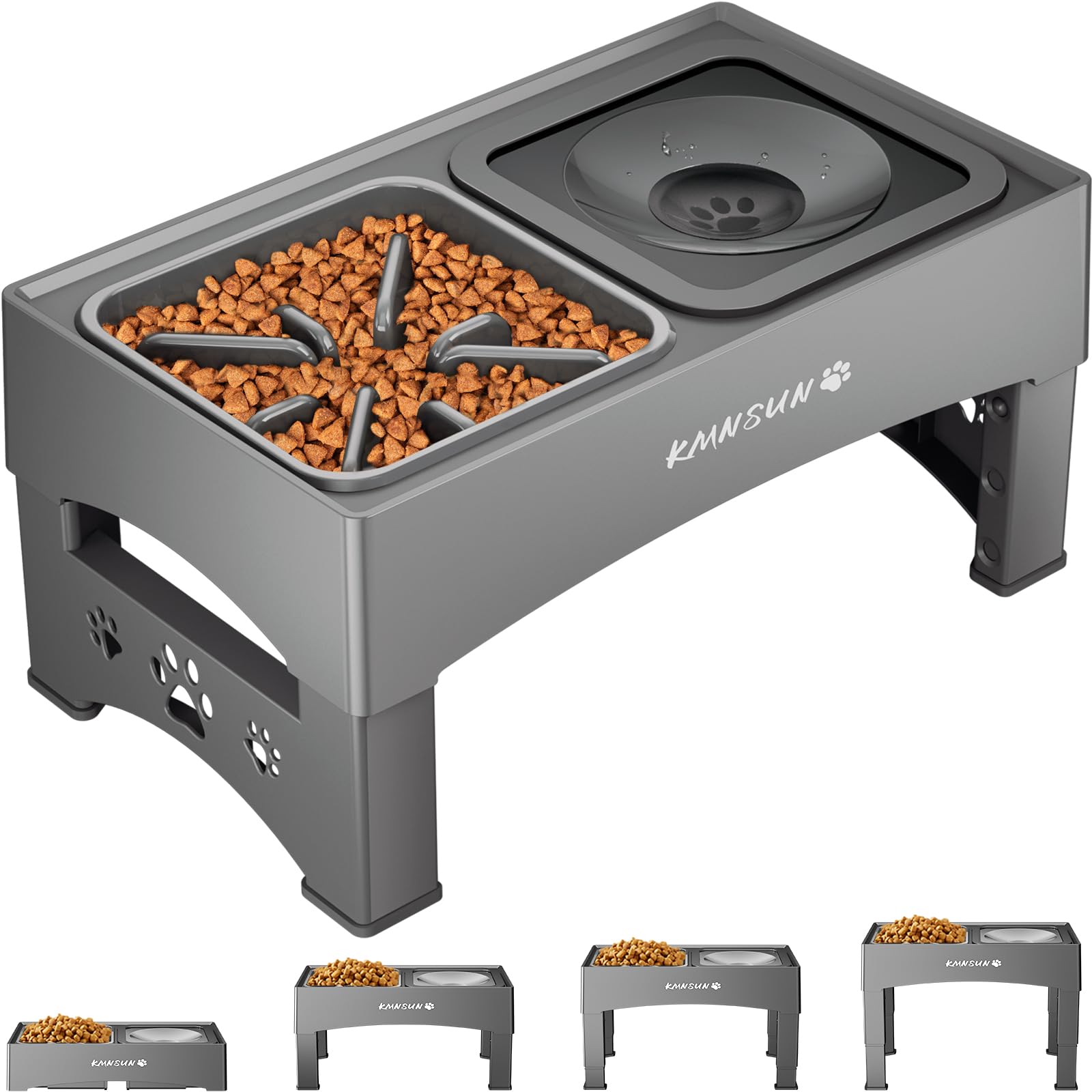 KMNSUN Elevated Dog Bowls, 3-in-1 Elevated Slow Feeder Dog Bowls with No Spill Water Bowls, 4 Height Adjustable Raised Dog Bowls, Vertical Texture Design, Prevent Food from Flying Out-Grey