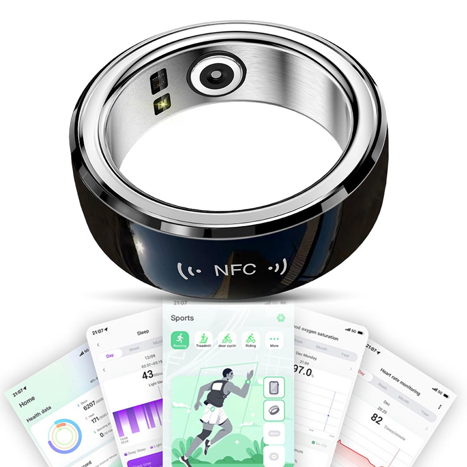 Anillo Inteligente, Anillo De Rastreador De Salud Del Sueño, Rastreador De Oxígeno En Sangre Multifuncional NFC, Ejercicios A Prueba De Agua IP68 Contador De Pasos para Hombres Y Mujeres ( Color : Bla