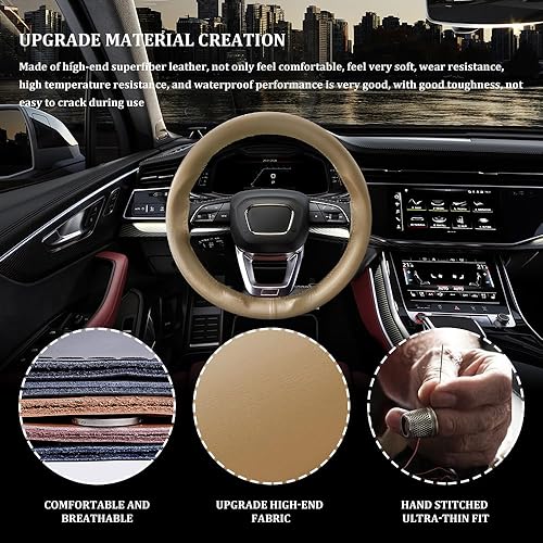 Miniatura 10 de Funda para volante, funda de cuero para volante, funda transpirable para volante, cubierta de volante cosida a mano para la mayoría de los