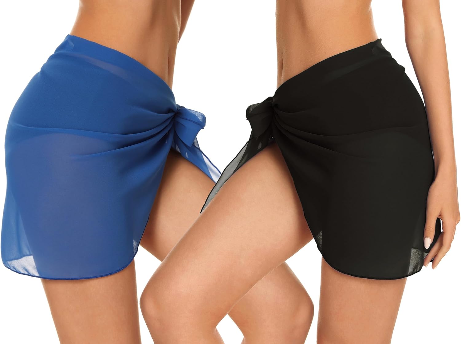 CHICGAL 2 Pieces Women Beach Sarong Bathing Suit Wrap Skirt Sheer Bikini Swimsuit Cover Ups for Swimwear Black and Solid Blue image 3 of 3 B0D3KKPW76