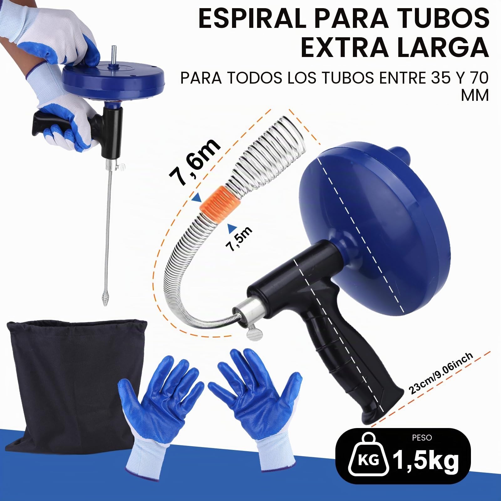 Desatascador Tuberias Profesional Espiral 7,5 Metros Desatascador Fregadero Alambre Desatascador Tuberias a Presion Guia Cable Limpia Desatascar Tuberias Canos Guia Desagues Maquina Cañerias