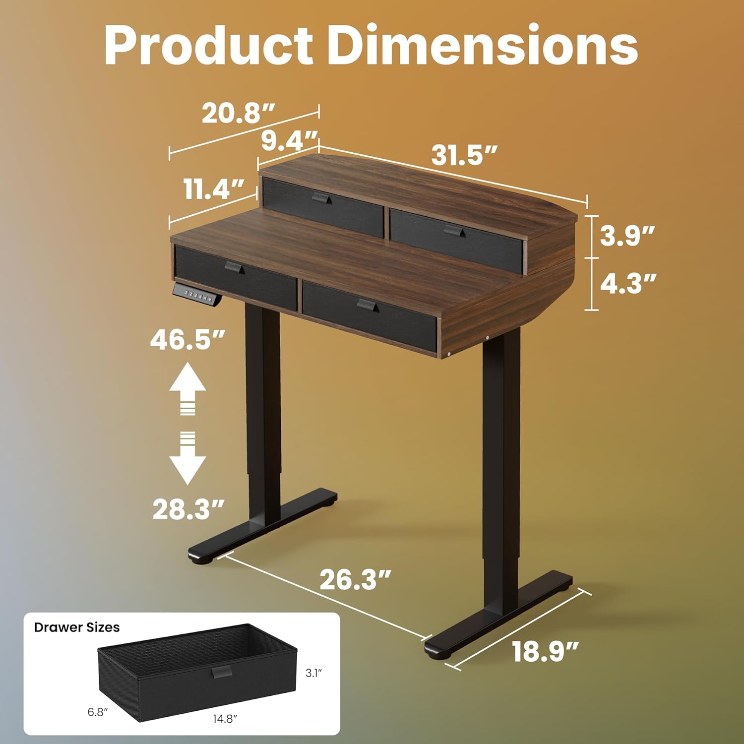 HUANUO 32 x 20 inch Electric Standing Desk with 4 Drawers, Adjustable Height Sit Stand Home Office Desk, C-Clamp Mount Compatible, Ergonomic Stand up Desk with 4 Preset Heights, Walnut