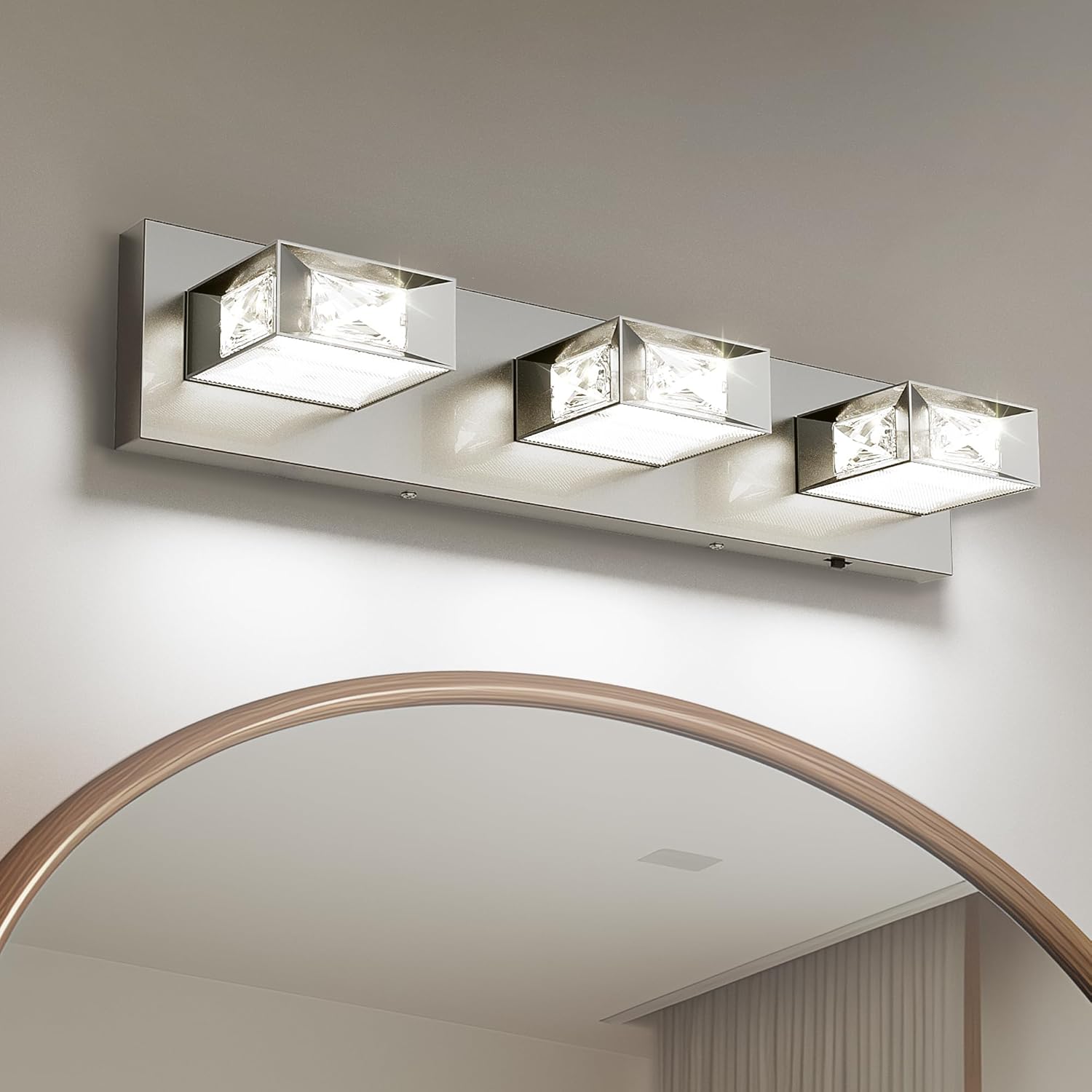 Joossnwell Brushed Nickel Bathroom Vanity Light Crystal 5CCT Dimmable Bathroom Lighting Fixtures Over Mirror (3-Light, 20.47-Inch) Led Modern Bath Lights with 350°Rotatable Head Brushed Nickel 3-Light, 20.5-Inch