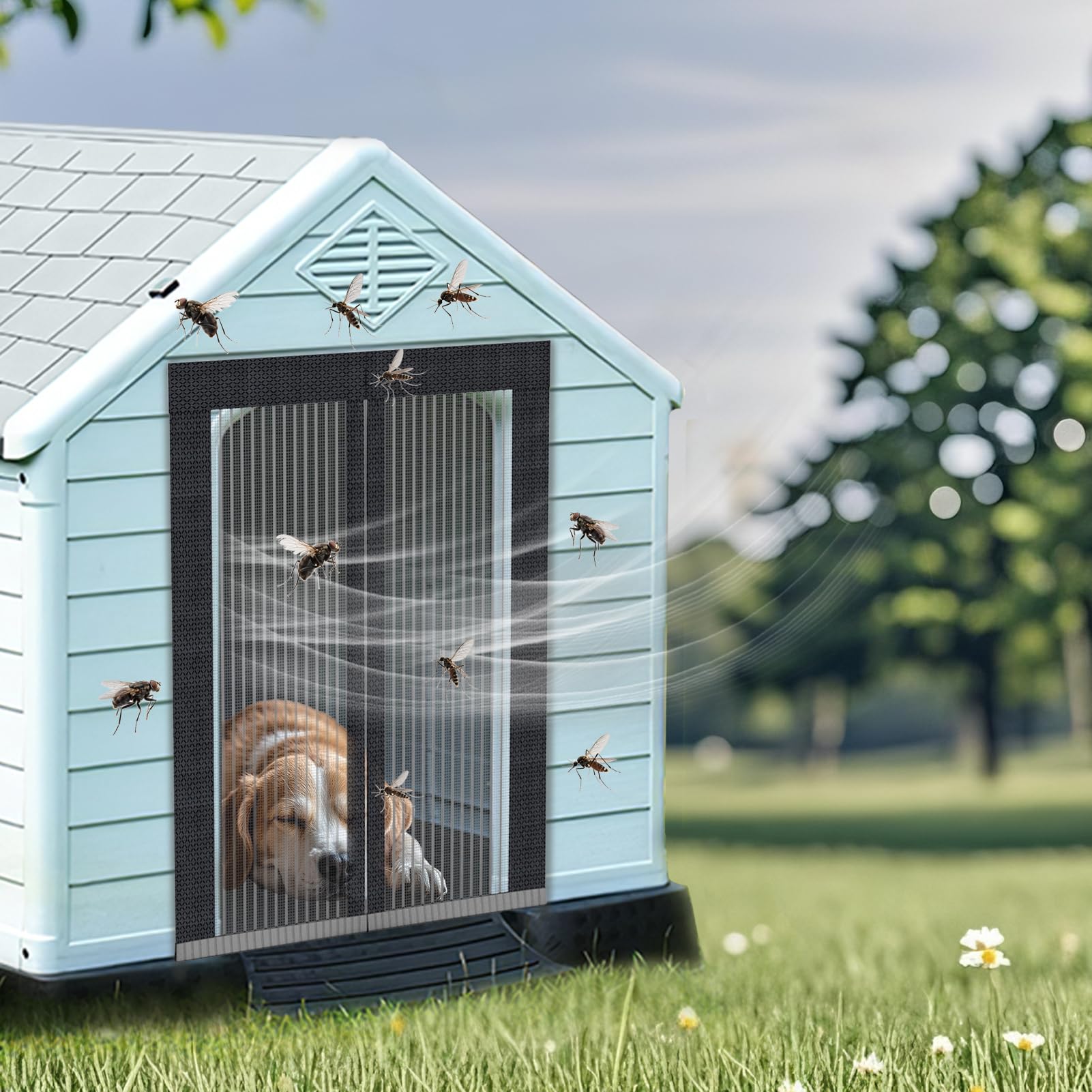 Mosquito Proof Dog House Cover with Magnetic Screen Door-Heavy-Duty Mesh Kennel Curtain,Ventilated&Washable Pet Mosquito Screen Door for Kennels,