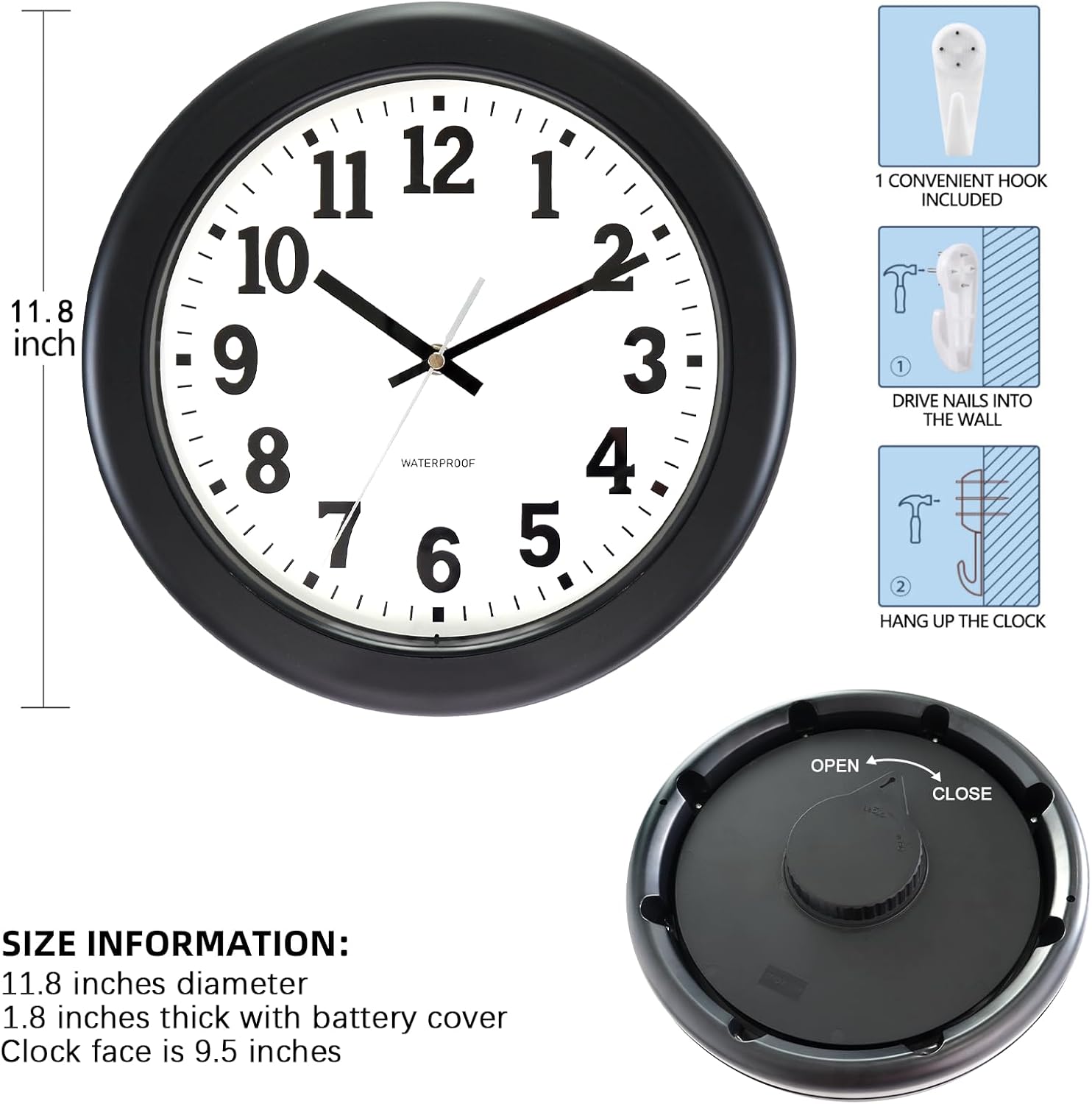 Caysie 12 Inch Sealed Indoor Outdoor Clock Waterproof, Silent Battery Operated Weatherproof Wall Clocks for Pool Patio Outside Home (Black)