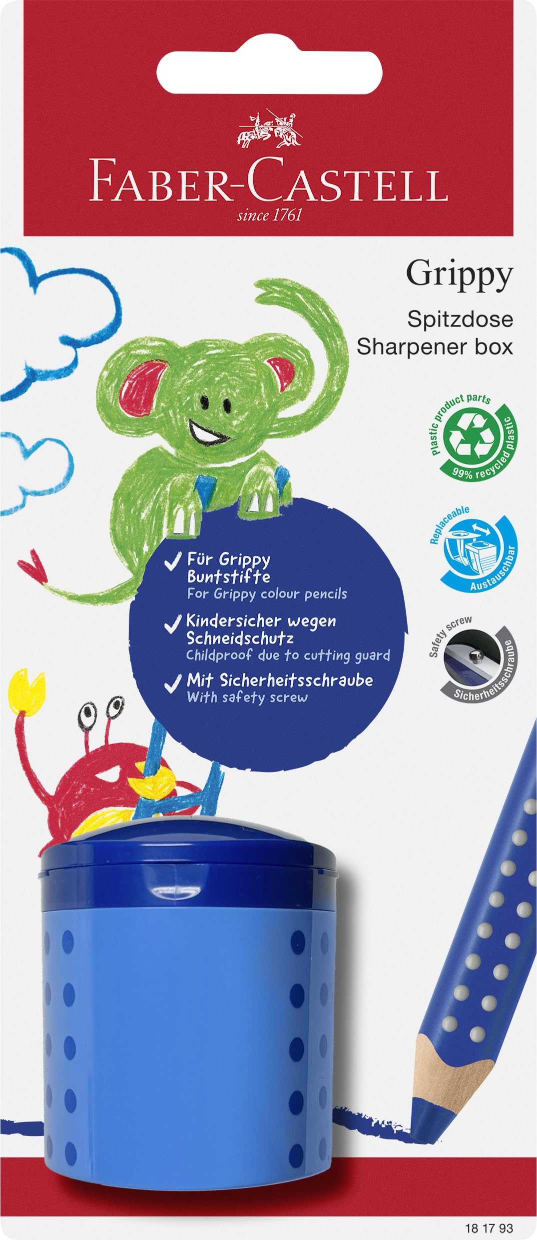 Faber-Castell 181793 - Spitzdose Grippy mit Schneidschutz, blauer Anspitzer mit Behälter