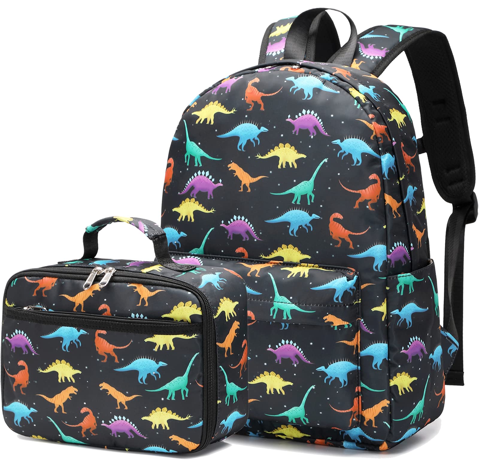 Dinosaur Backpack, Kids Backpack with Lunch Box for Preschool Kindergarten Daycare and Travel, Dino Bookbag with Chest Buckle (Black Dinosaur)