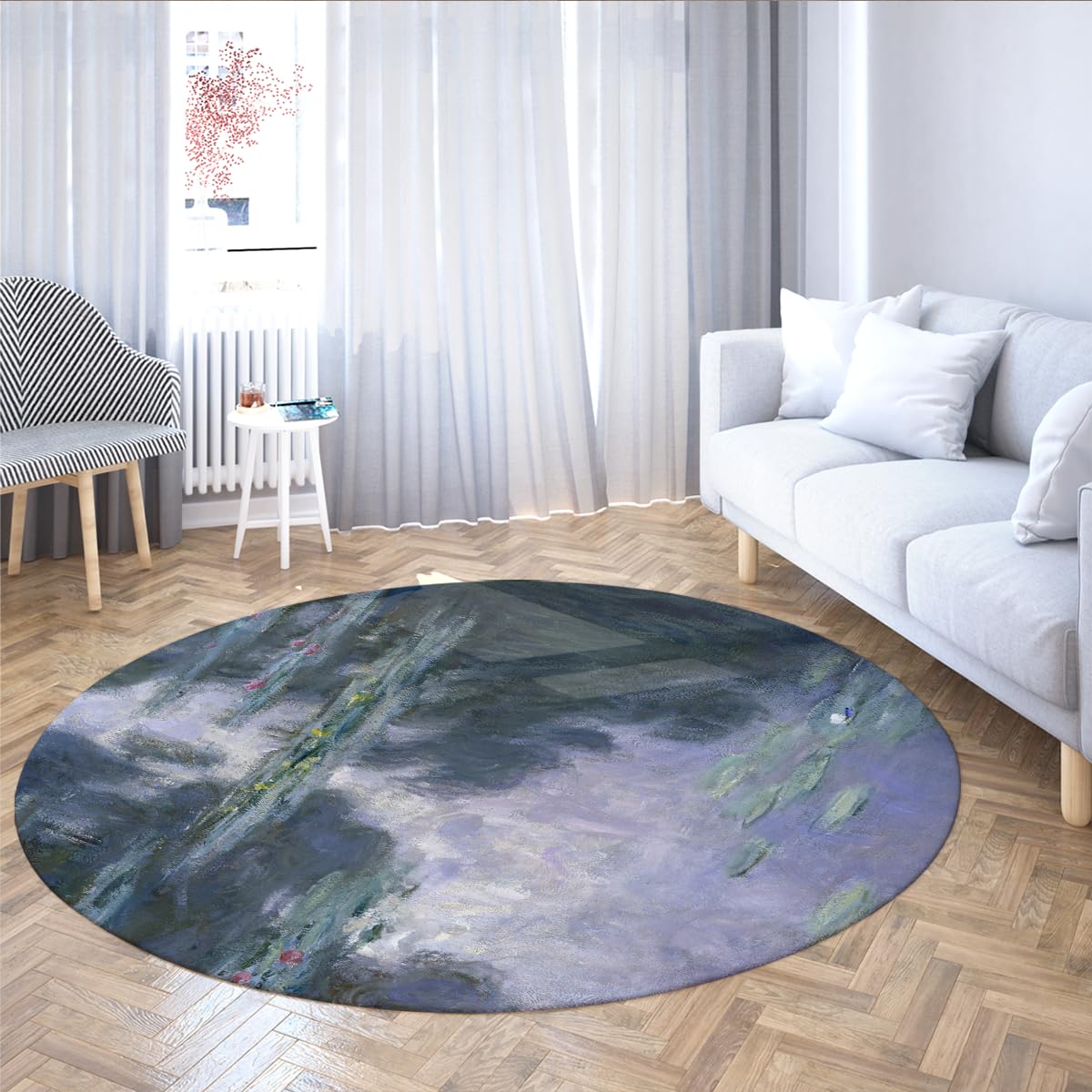 180cm Tappeti circolari Tappeto lavabile floreale Tappeto antiscivolo per interni Fiore di ninfea Grande Rotondo a pelo corto Morbido per soggiorno Sala da pranzo Pittura per laghetto