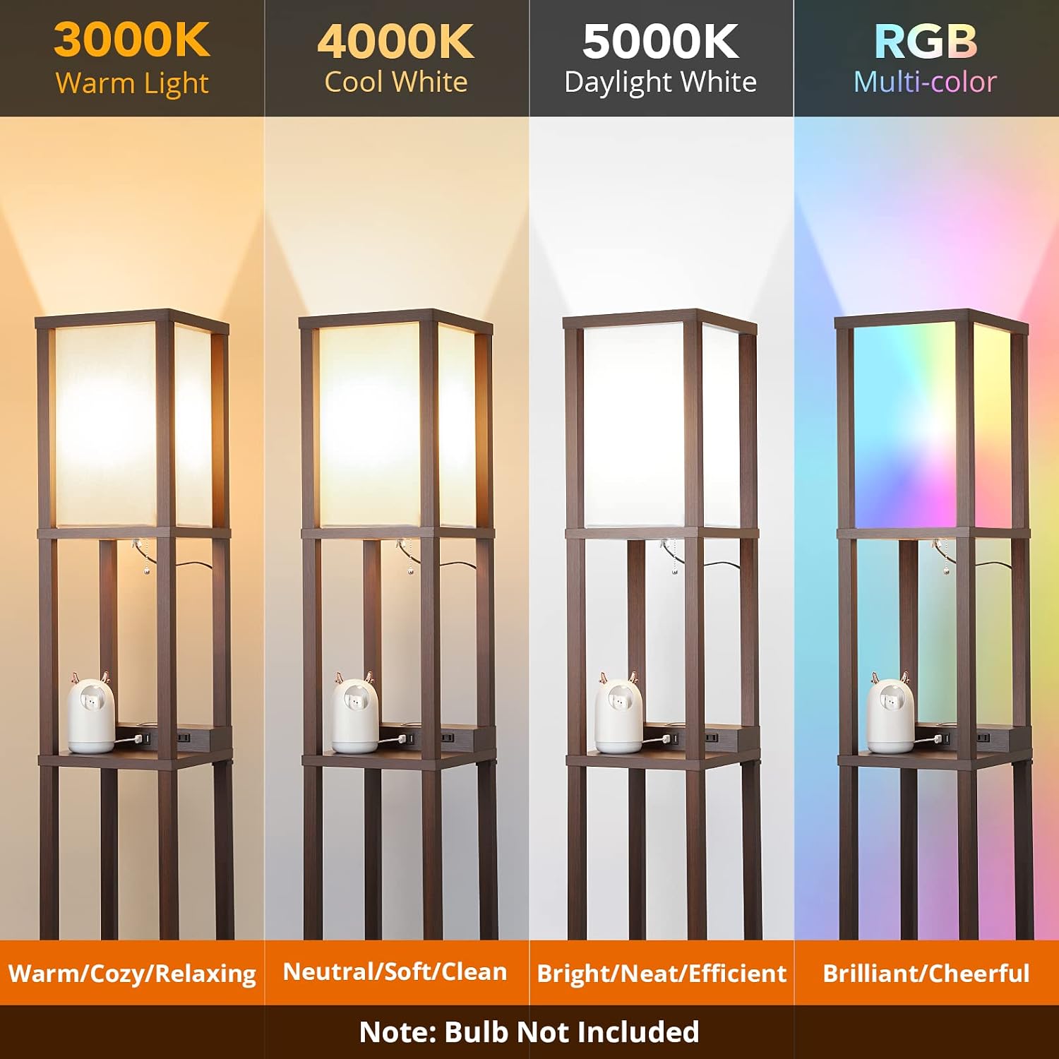 Mlambert Modern LED Shelf Floor Lamp with Wireless Charger & 2 Fast Charging USB Ports & 2 Power Outlets, 3 Tier Storage Display Standing Lamp Narrow Corner Light for Bedroom Living Room(Brown)