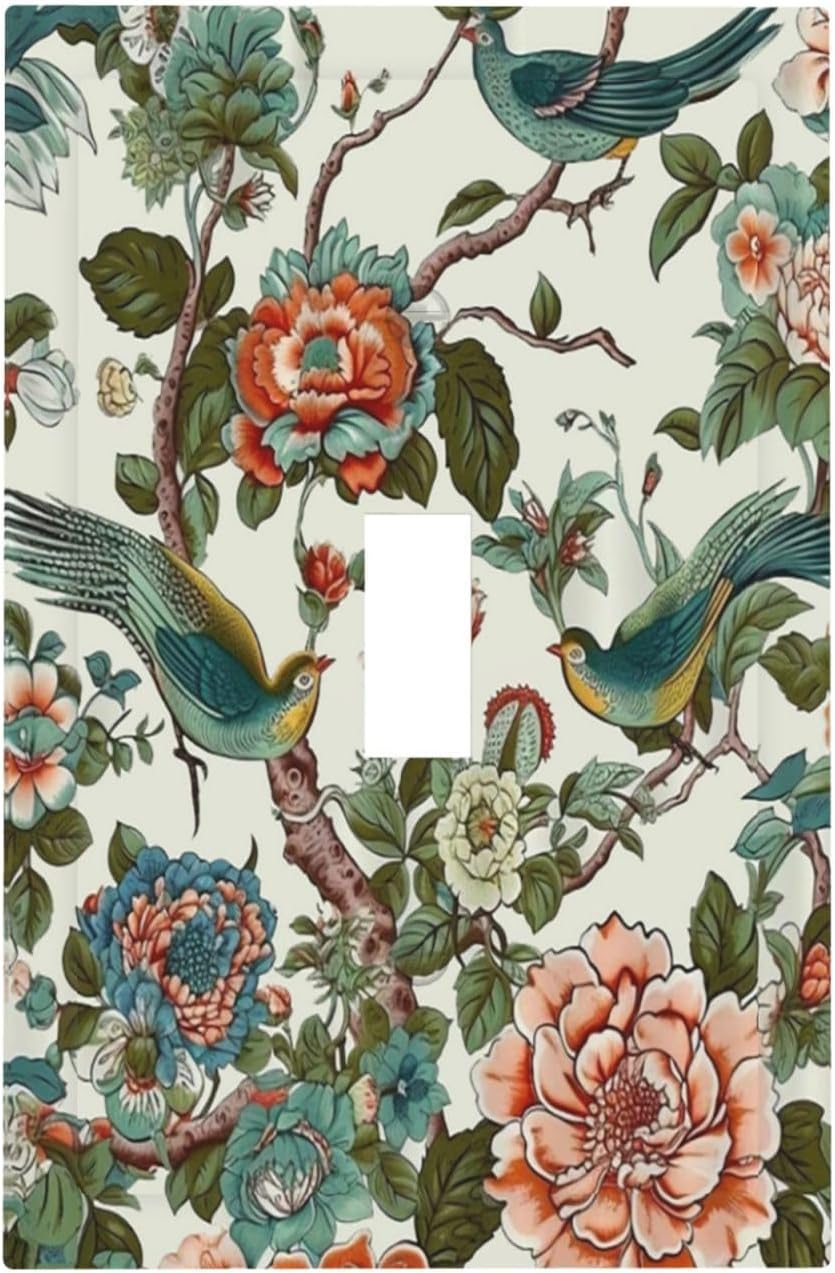 Bird in Peony Floral Tree Green 1 Gang Light Switch Plate Decorative Single Toggle Wall Plate Cover Electrical Switchplate Faceplate for Red Peony Flower Animal Bird Bathroom Bedroom Room Decorate
