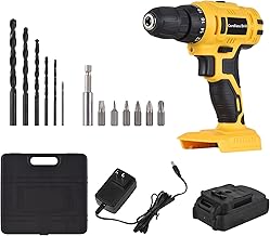 Moniss Furadeira elétrica sem fio portátil de 20 V, mandril de 3/8 polegadas, furadeira portátil, chave de fenda com bateria de 1300 mAh, carregador rápido, 6 brocas, 6 pontas de chave de fenda, luz de trabalho LED, velocidade de 2 variáveis, torque 18 + 1