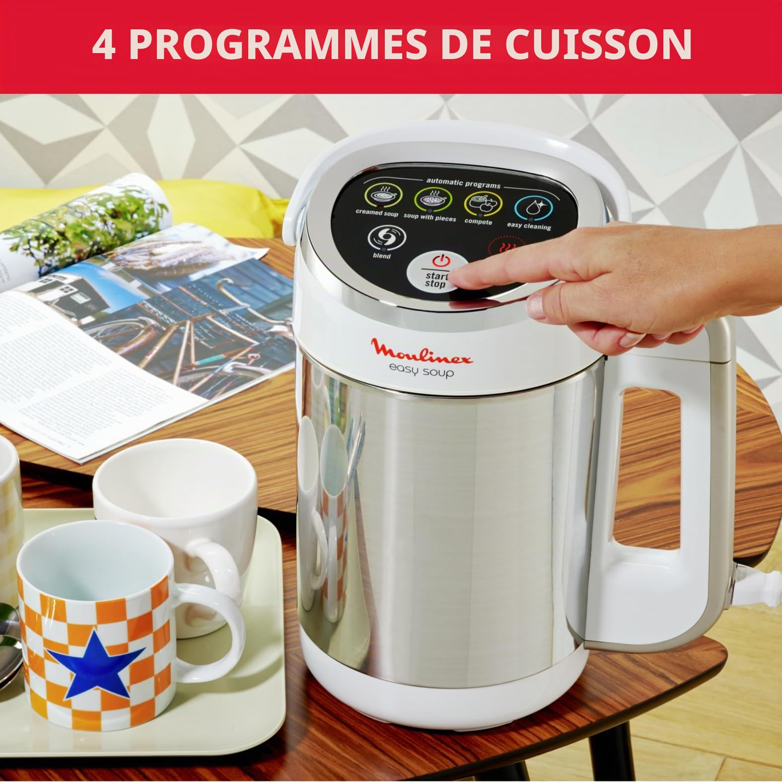 Moulinex Blender chauffant, 1000 W, Capacité 1.2 L, 5 programmes automatiques & Hachoir électrique, Fonctions 3-en, Emince, Hache, Mixe, 300 W, 4 lames, 400 ml, Système de pression simple