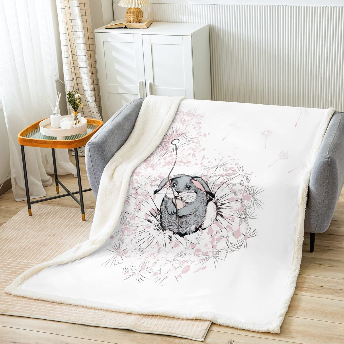 Coperta per bambini, con coniglio, rosa, con dente di leone, in pile, per letto, divano, coniglio, animali fuzzy, coperta botanica, floreale, 200 x 200 cm