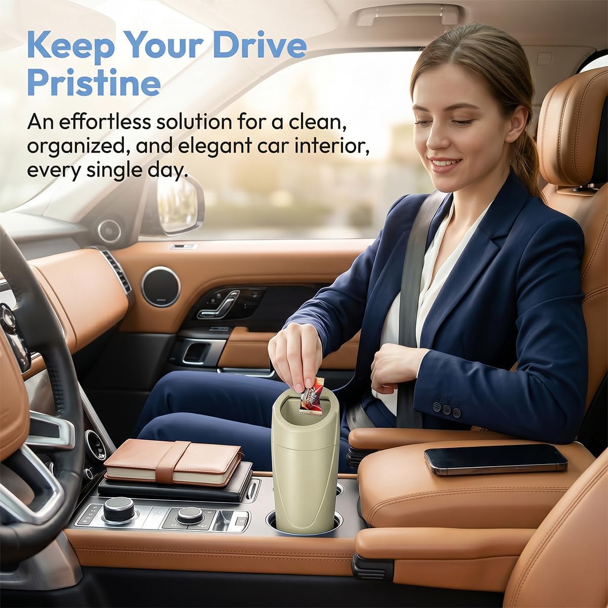 Car Trash Bin with Lid, Leak-Proof Portable Vehicle Cup Holder Garbage Can Dustbin with 2 Roll Trash Bags, Auto Interior Cup Holder Trash Bin Storage Organizer, Universal Fit (Beige) image 4