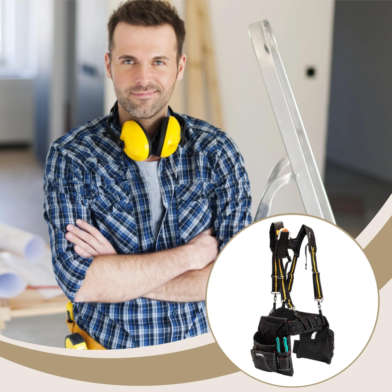Bretelles pour ceinture à outils, design dos en X, harnais de support avec sangles réglables, rembourrage, noir et jaune, usage professionnel