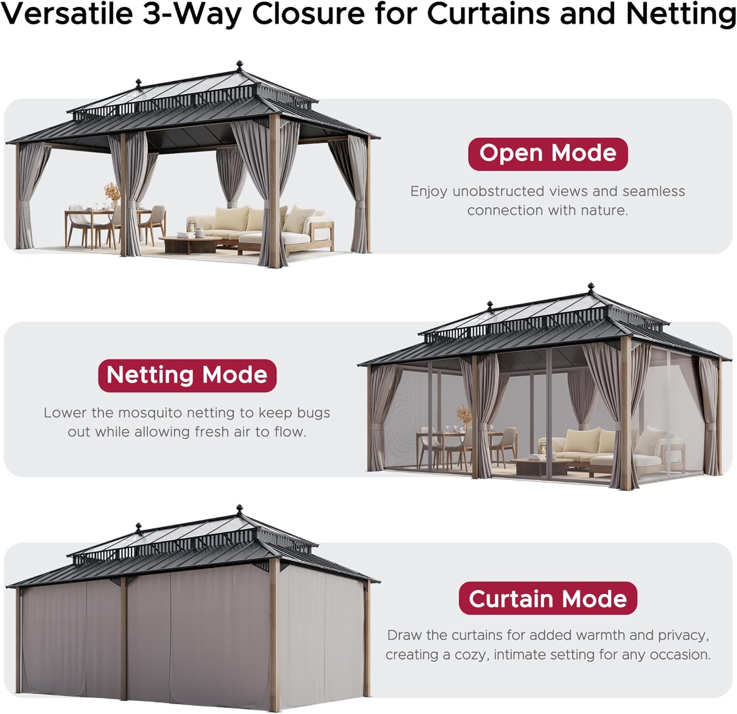 SUNJOY Kingston 20' x 12' Hardtop Wood Gazebo with Galvanized Steel/Polycarbonate Double Roof, Curtain and Netting, Cedar Posts Permanent Pavilion Gazebo for Garden, Patio, Deck, Lawn