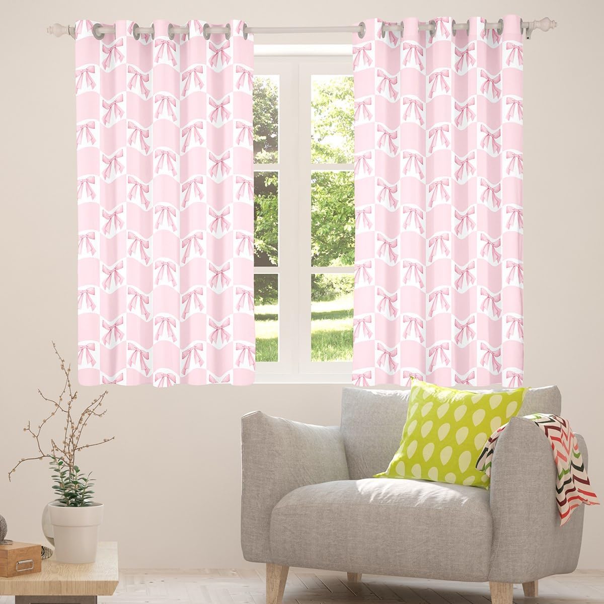 Pink Bowknot Window Drapes Blackout 30%-50%,Dreamy Bow Minimalist Grids Plaids Kitchen Window Treatments 42Wx90L,Princess Style Blue White Livingroom Bedroom Decor Curtains