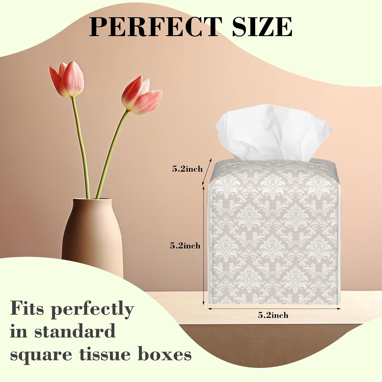 Vintage Damask Flower Tissue Box Cover,Beige Damask Floral Waterproof Leather Square Tissue Box Cover Case Facial Paper Organizer Dispenser Box Holder for Home Office Bathroom Vanity Countertop image 2