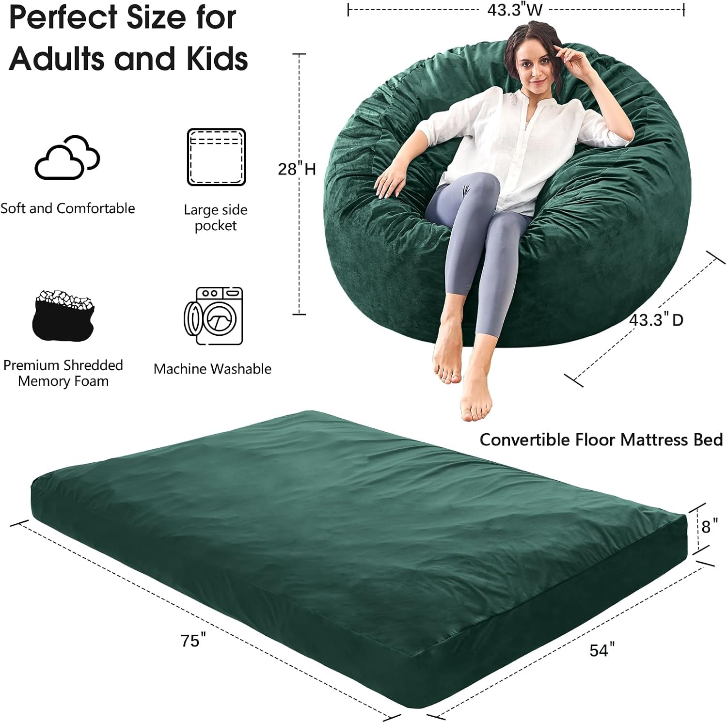 Bean Bag Chairs for Adults - Giant Bean Bag Convertible Floor Sofa image 3