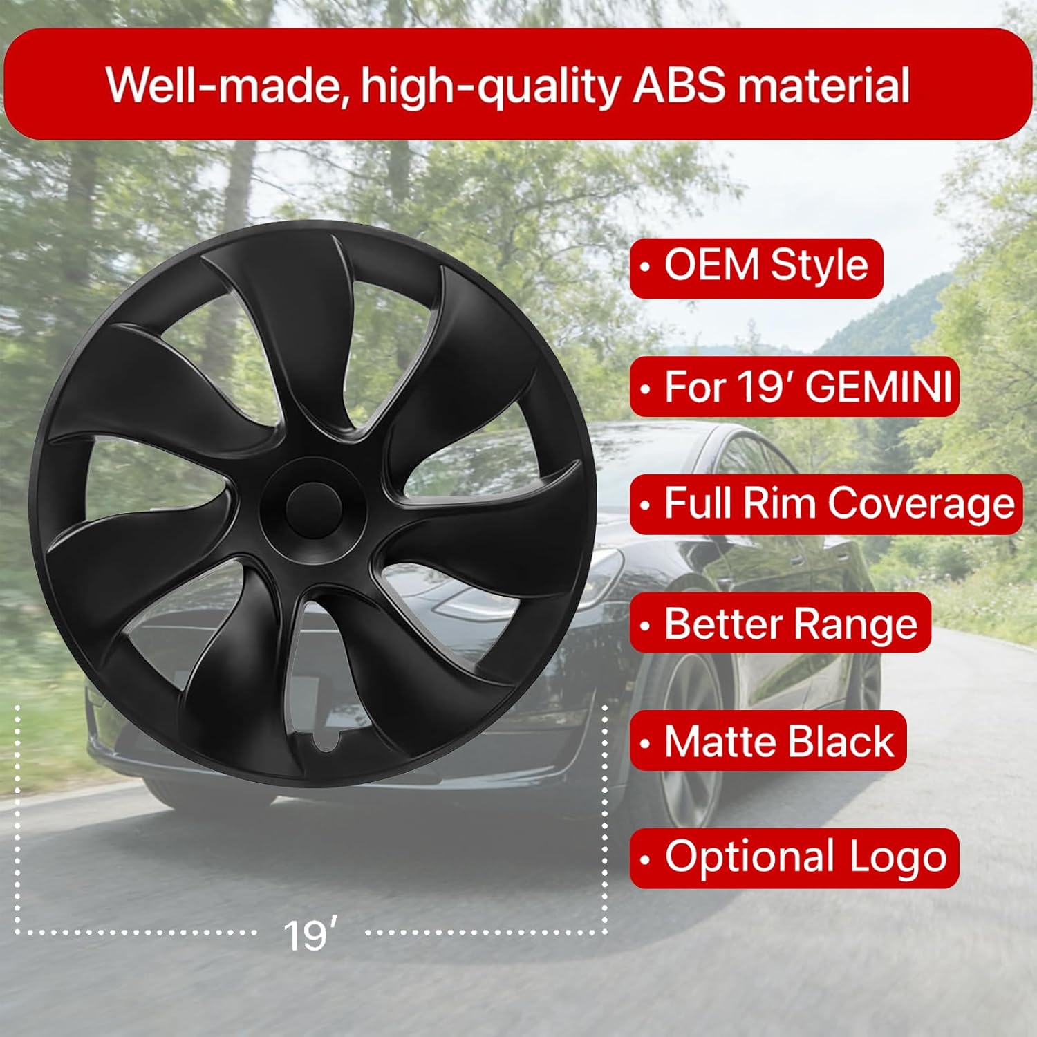 KAVANIC 4Pcs Wheel Cover Fits for Tesla Model Y 19Inch 2020-2024 ABS Matte Black Blade Style Hubcaps Fits for Tesla Model Y 19" Gemini Wheel Long Range Support Logo Symmetry Design (RWD/AWD)