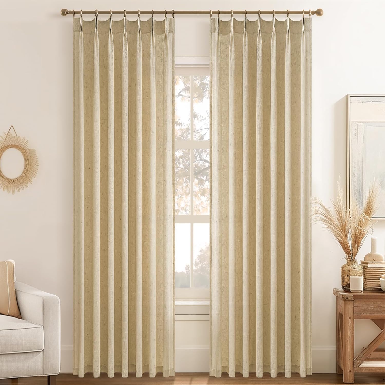 Topfinel Natural Linen Pinch Pleated Curtains 84 Inch Length 2 Panels for Bedroom,Textured Linen Farmhouse Boho Semi Sheer Window Curtain Back Tab Pinch Pleat Drapes with Hooks 84 Inches Long