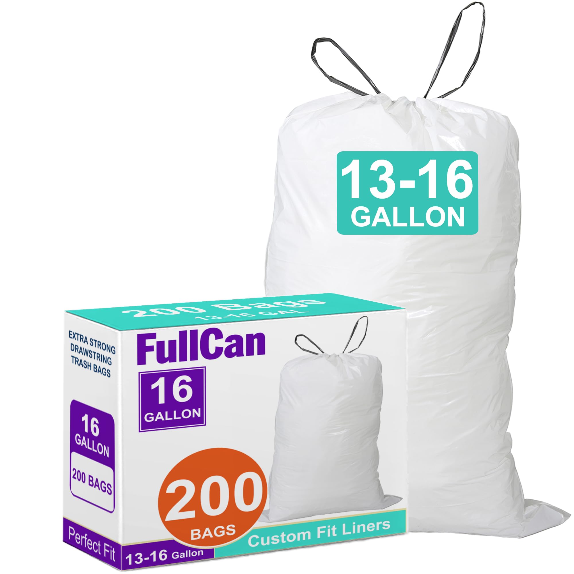16 Gallon 200 Count 1.2 Mil THICK Drawstring Trash Bags Heavy Duty Perfect Fit White Garbage Can Liners 13-16 Gallon White Drawstring Garbage Liners GRAND SAVE!
