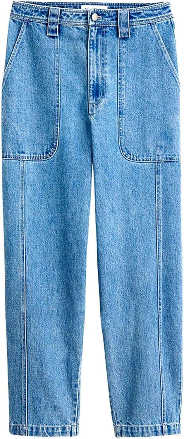 Flamingals Straight Leg Jeans for Women Mid Rise Roll Hem Patch Pocket Seam Detail 90s Casual Jeans Without Belt - Image 5
