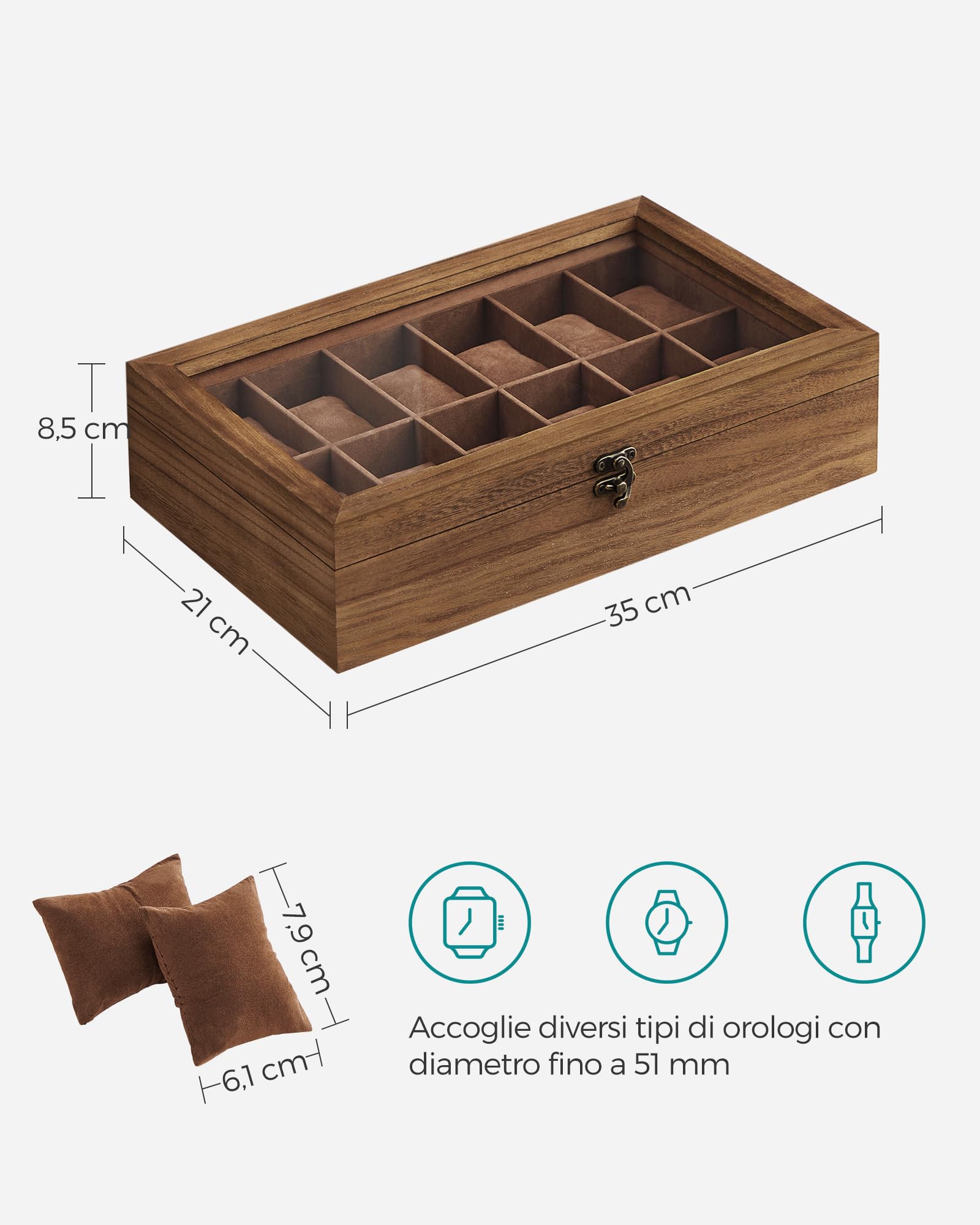 SONGMICS Scatola per Orologi, Scatola Porta Orologi a 12 Scomparti, Portaorologi in Legno con Coperchio in Vetro e Cuscinetti Rimovibili, Idea Regalo, Noce Rustico JOW120K01