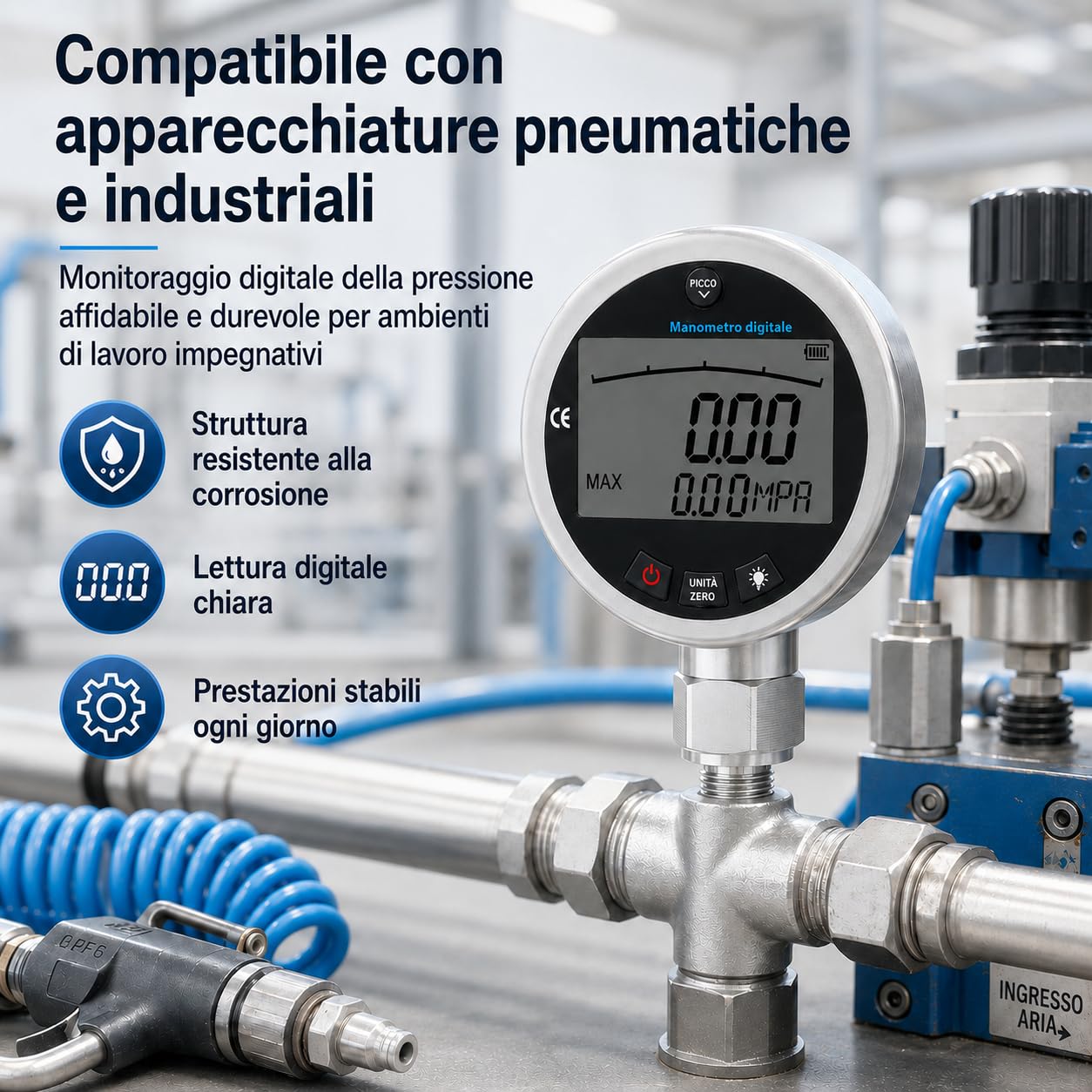 Manometro 0-400 bar, 0-40 Mpa 0-5800 psi Mini Digitale con connettore G1/4 per Aria, Acqua, Olio