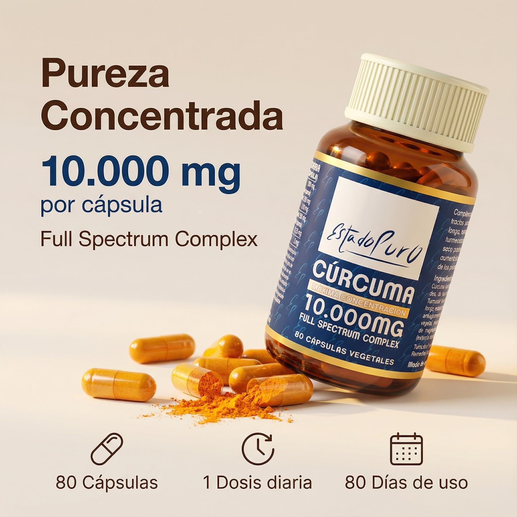 Estado Puro Cúrcuma 80 Cápsulas | Con Pimienta Negra | Alta Potencia 10.000 mg | Turmeric Complex con 3 Tipos de Curcumina | Tongil (1)
