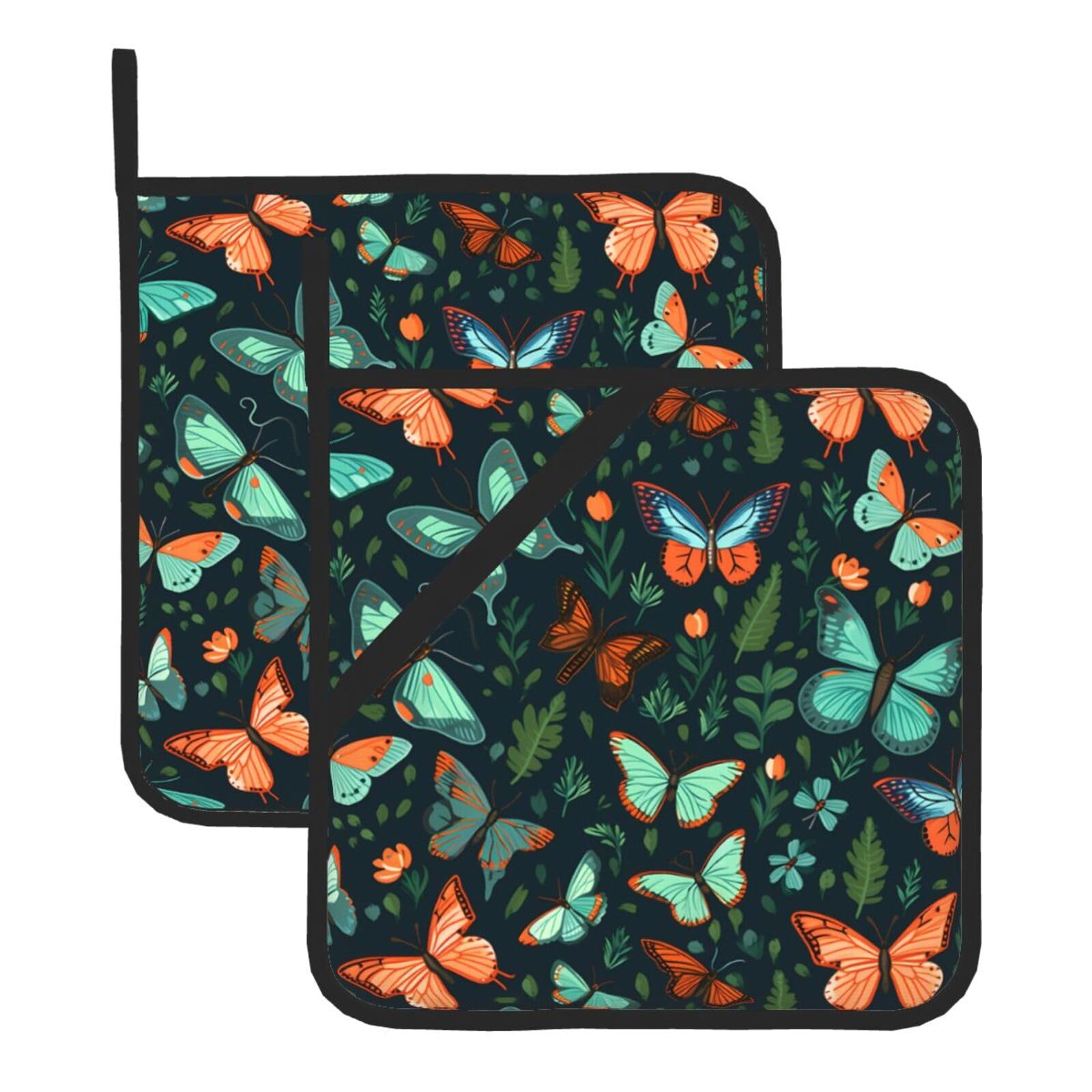 HJFCZH Butterfly Garden Printed Square Insulated Pot Mat Set (2-Piece) 8x8in Waterproof, Thickened & Easy to Clean with Lanyard Design for Kitchen, Oven & BBQ