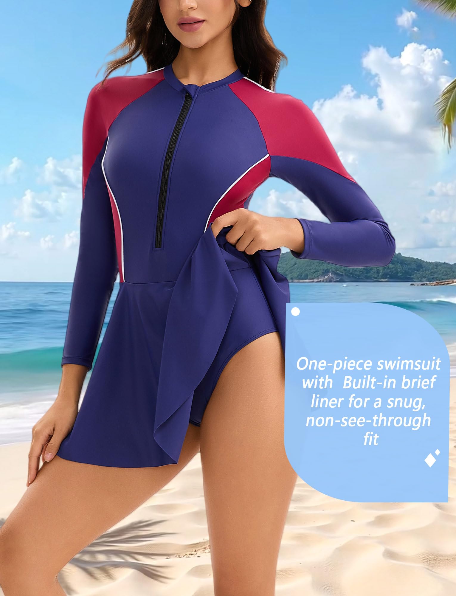 Maeau - Traje de Baño de Una Pieza Mujer con Falda Mangas Largas Cremallera Bañador Vestido de Playa Surf S-XXL
